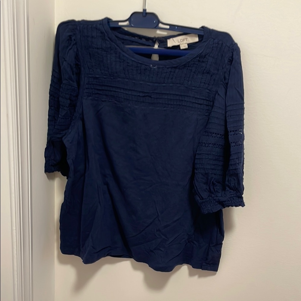 LOFT Blue Boxy Ribbed Bib Collar Blouse
